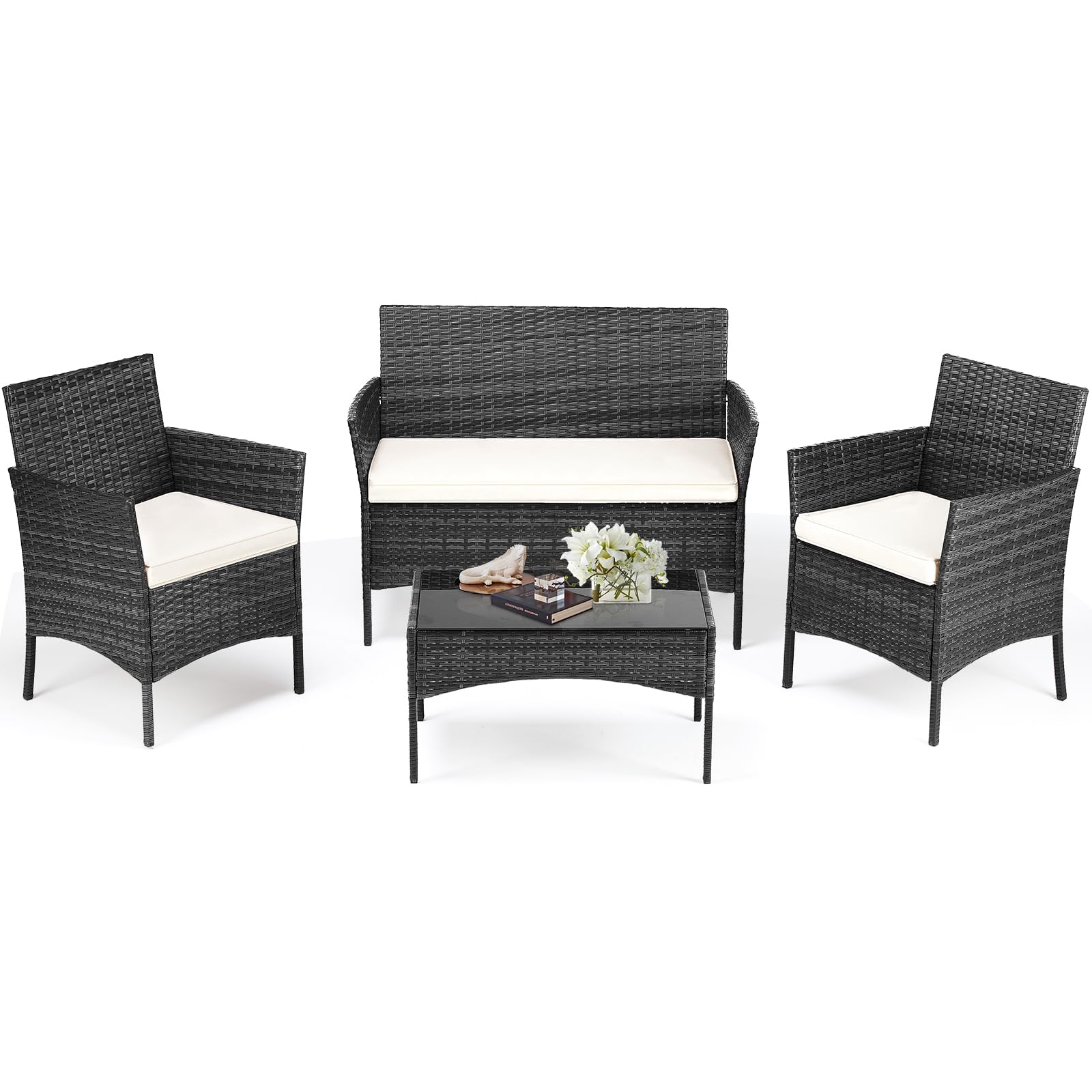 DUMOS Black Outdoor Wicker Patio Furniture Set with Coffee Table and Chairs for Garden Terrace Balconies Lawns Modern Ra