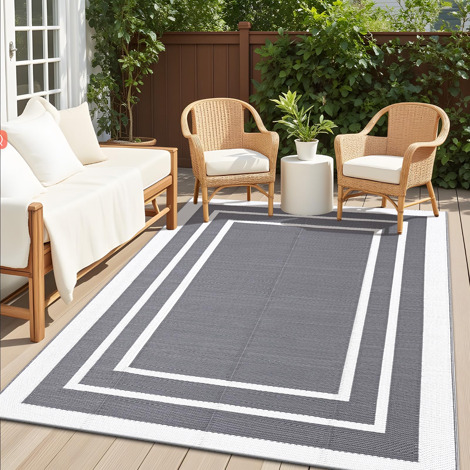 OLANLY Outdoor Rug Waterproof 5x8 ft Reversible Plastic Straw Rug for Patio & Backyard Grey & White OEKO-TEX